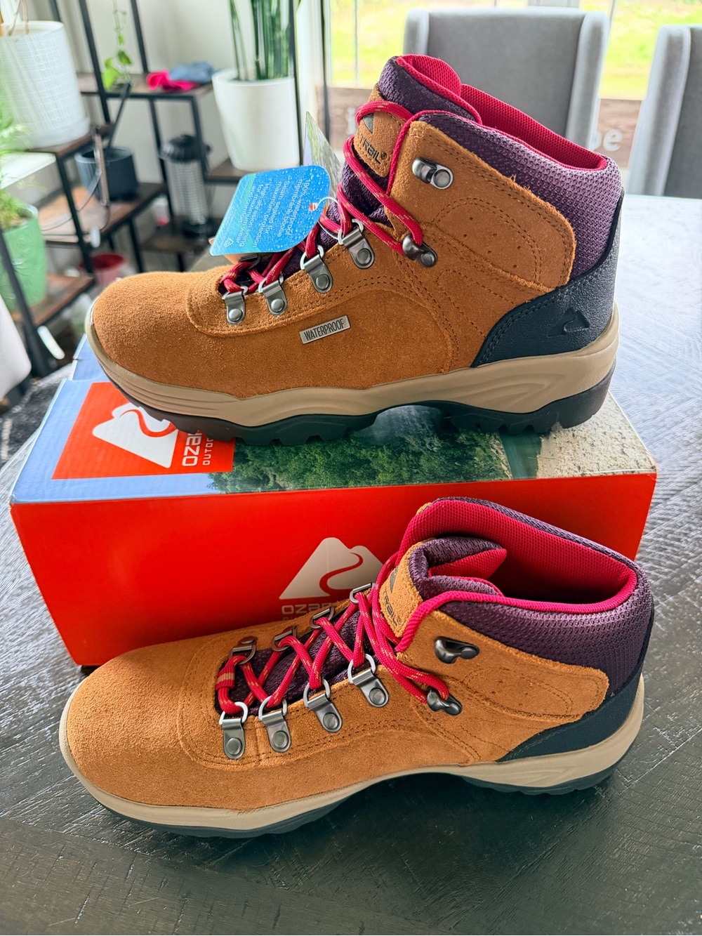 Ozark Trail Women's Waterproof Hiking Boots - Tan with Red Accents